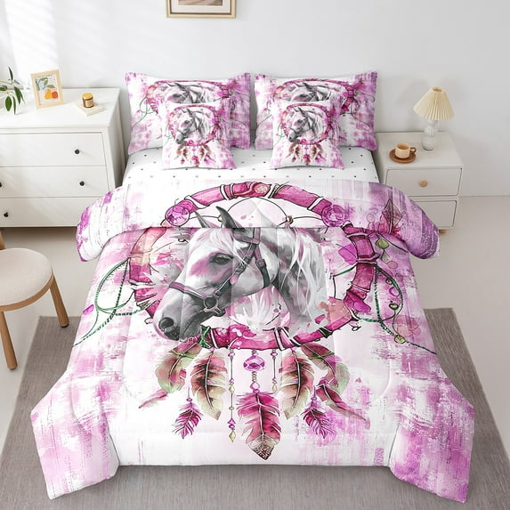 Safari Horse Bed in a Bag 7-Piece Farm Animal Bedding Set,Bohemian Dreamcatcher King Size Comforter Set Pink Ombre Bedding Comforter Sets,Tribal Feather Bed Set
