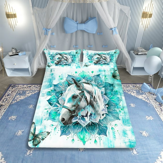 Safari Horse Bed Sheets Set for Kids Boys Girls Farm Animal Full Sheet Set,Bohemian Mandala Sheets Teal Ombre Bed Set,Chic Butterfly Flat Sheet