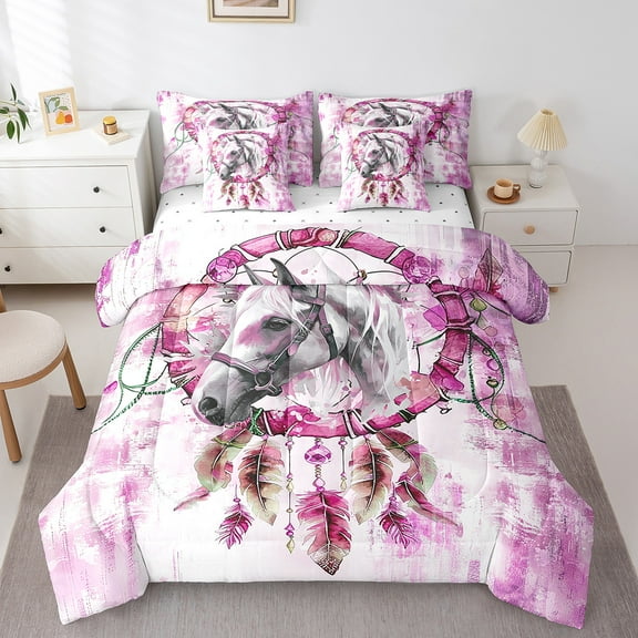 Safari Horse Full Comforter Set 7 Pieces Farm Animal Bedding Comforter Sets,Bohemian Dreamcatcher Bed in a Bag Pink Ombre Bedding Set,Tribal Feather Bed Sheets Set