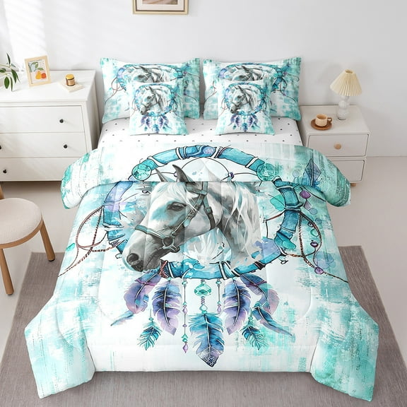 Safari Horse Full Comforter Set 7 Pieces Farm Animal Bedding Comforter Sets,Bohemian Dreamcatcher Bed in a Bag Teal Ombre Bedding Set,Tribal Feather Bed Sheets Set