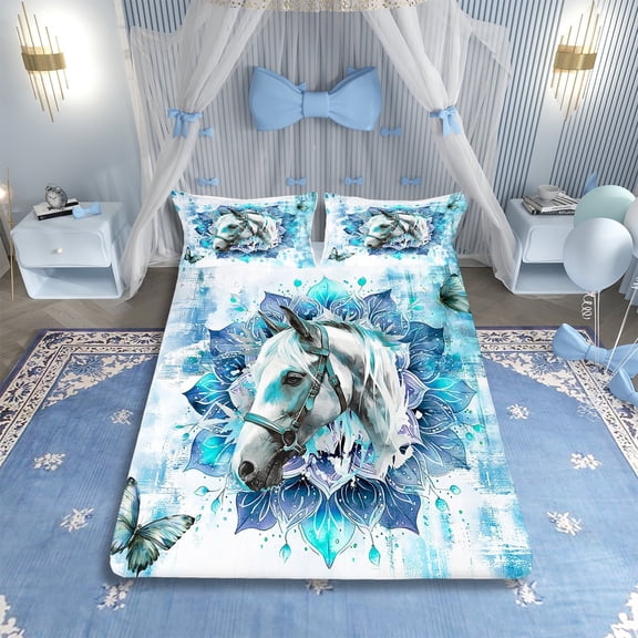 Safari Horse Sheet Sets for Kids Boys Girls Farm Animal Bed Sheets Set,Bohemian Mandala Bedding Twin Size Blue Ombre Sheets,Chic Butterfly Top Sheet