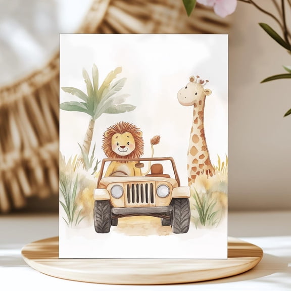 Safari Jeep Nursery Print, Nursery Wall Art, Animal Nursery Decor, Lion And Giraffe Kids Artwork, Jungle Childrens Room #3482, Stretched Canvas Size 16x24