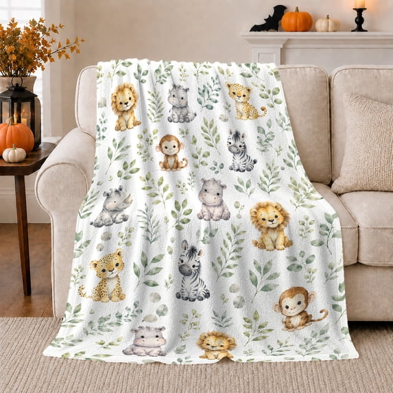 Safari Jungle Animal Eucalyptus Leaf, Festive Holiday Scene, Warm Flannel Blanket for Cabin and Lodge with Detailed Artwork, Wildlife Lovers Christmas Gift, Festive Home Decor