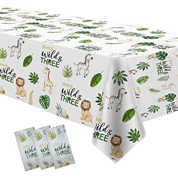 Safari Jungle Animal Theme 3rd Birthday Party Tablecloth Decorations Supplies, 3 Pack Disposable Young Wild and Three Decorations Table Cover for Kids, 54in x 108in