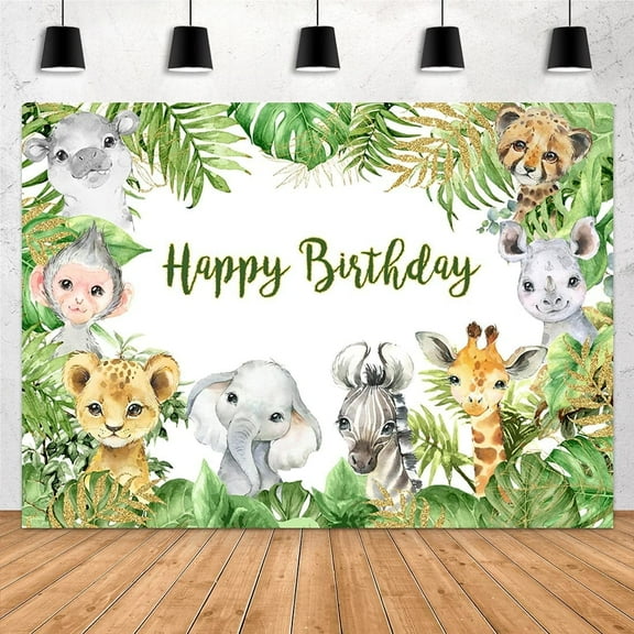 Safari Jungle Animals Backdrop Happy Birthday Tropical Green Leaves Baby Girl Boy Photography Background Kid Portrait Party Decoration Photo Studio Booth Props Cake Table Banner