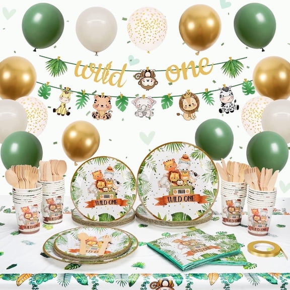 Jungle Birthday Decorations, Baby Shower Birthday Tableware Set with Banner, Green Balloons, Tablecloth, First Baby Party Decoration for Animal Birthday Supplies