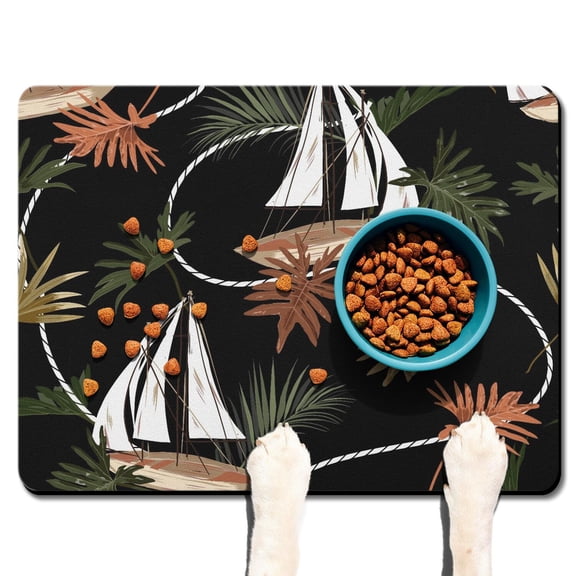 Safari Jungle Island Dog Feeding Mat - Absorbent Waterproof Pet Placemat - Non-Slip Food Catcher - Tropical Design - Eco-Friendly