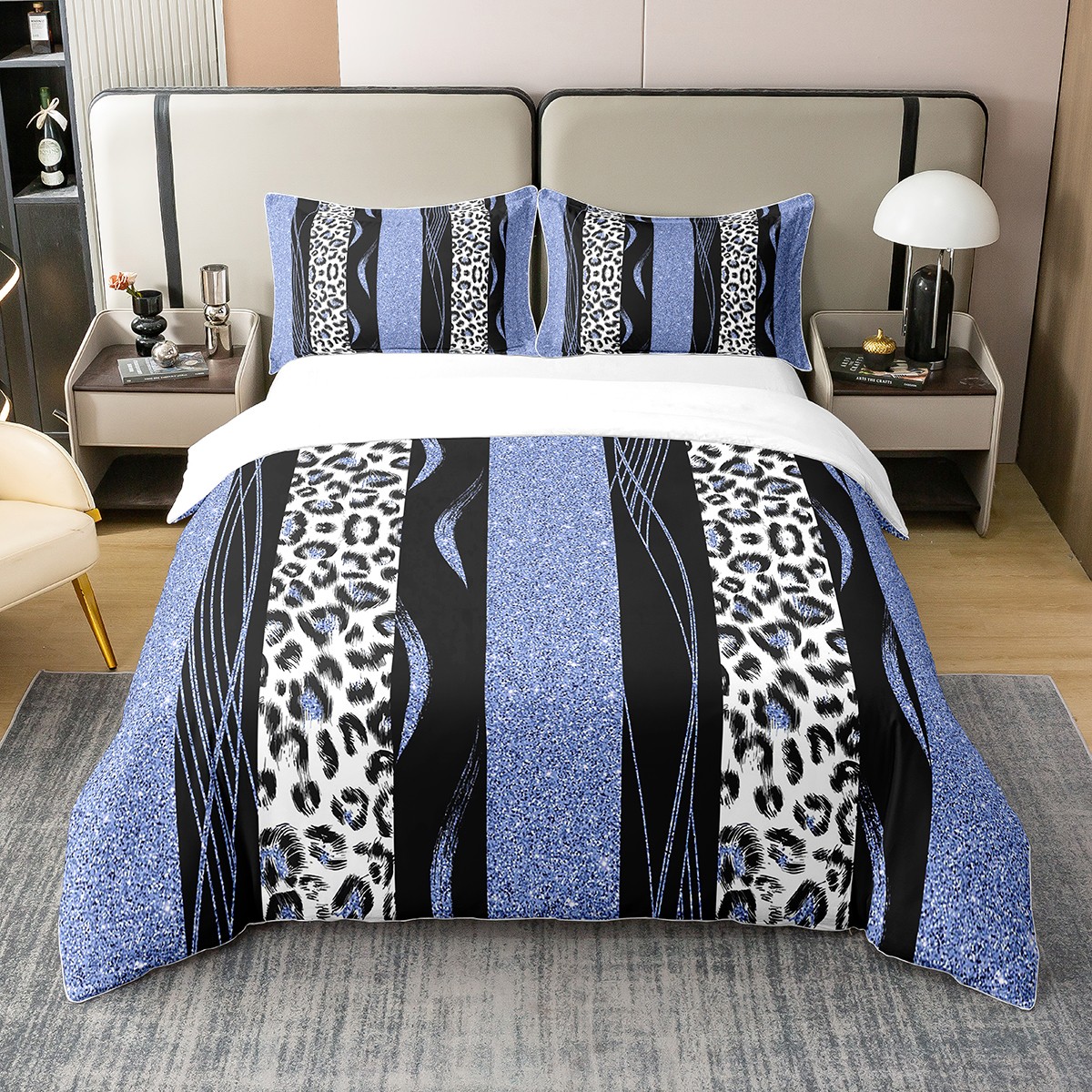Safari Leopard 100 Cotton Duvet Cover,Blue Cheetah Print Bedding Set