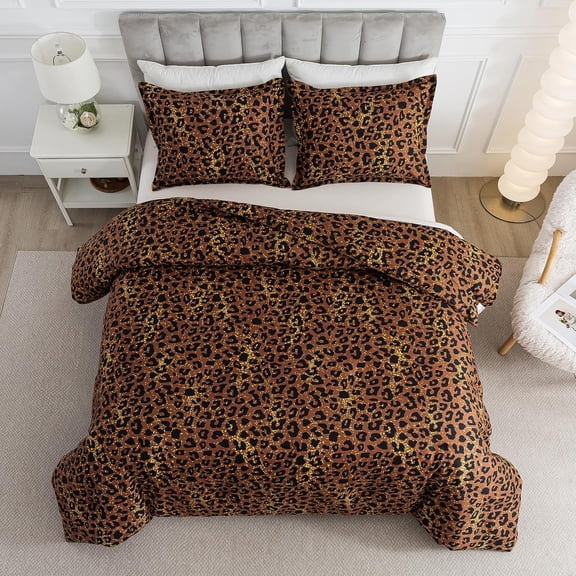 Safari Leopard Print Brown Comforter Set, Full Size 3 count for Seasons, Untamed Wilderness Style Comforter with Pillowshams, Soft Microfiber