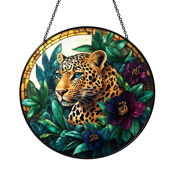 Safari Leopard Window Suncatcher, Stained Glass Look Wild Animal Panel for Jungle Themed Home Decoration