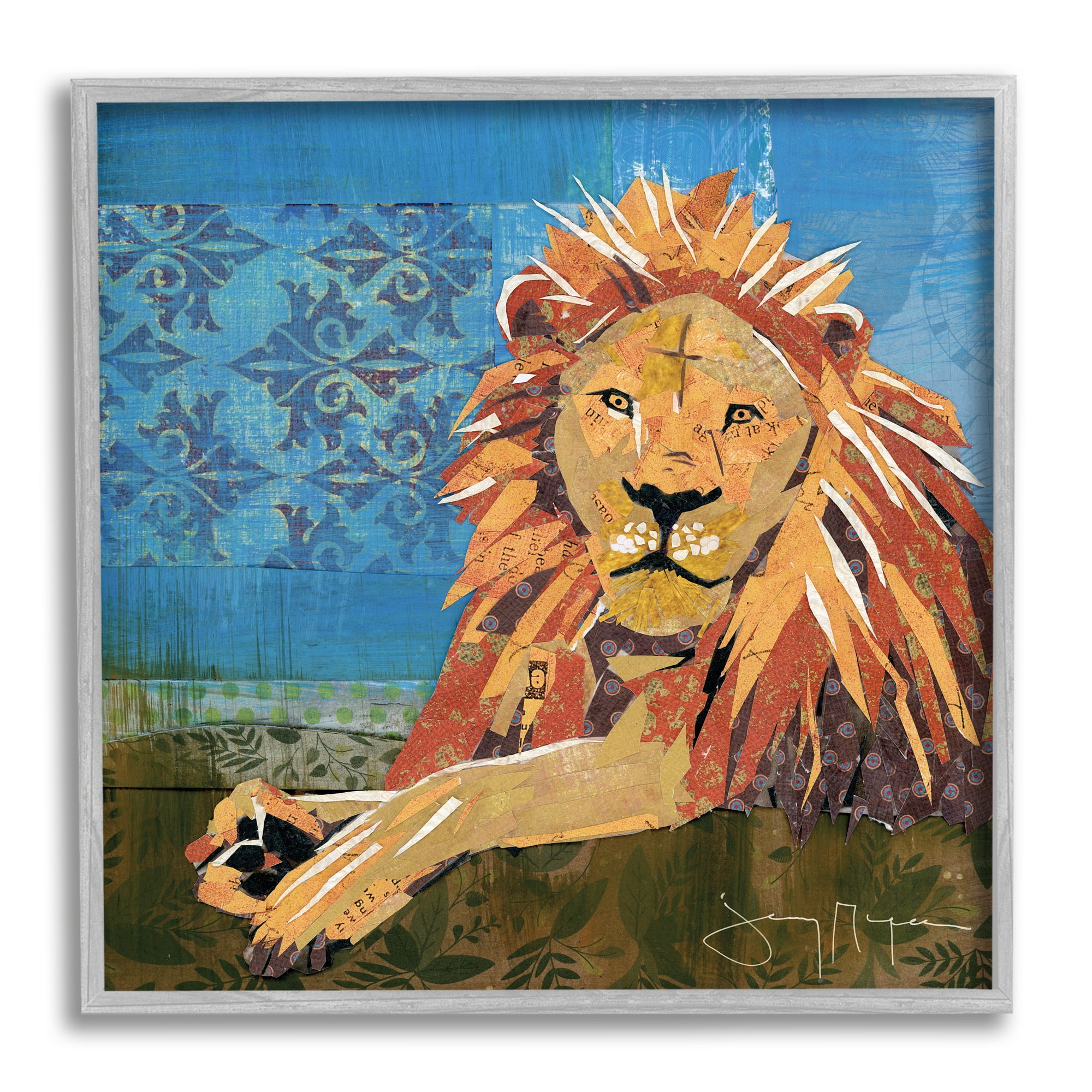 Safari Lion Abstract Shape Collage Blue Orange Animals & Insects Framed Art Print Wall Art, 17x17