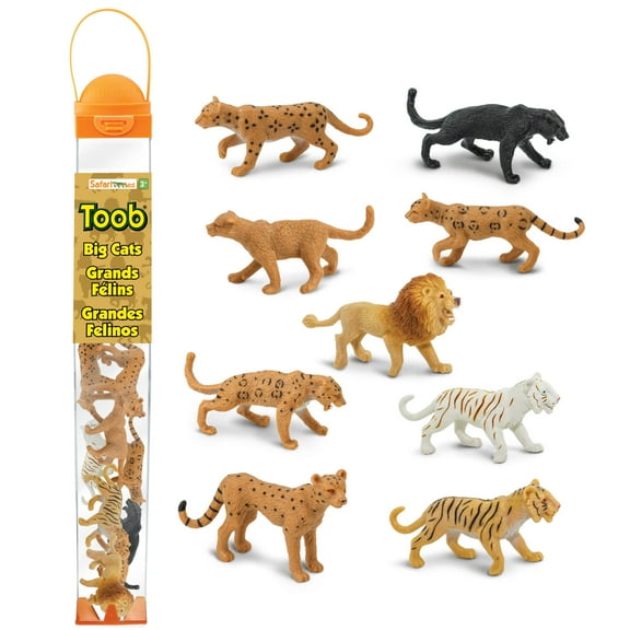 Safari Ltd. Big Cats TOOB - 9 Mini Figurines Including Lion, Tiger, White Tiger, Jaguar, Black Jaguar, Mountain Lion, Cheetah, Leopard, and Ocelot - Educational Toy For Boys, Girls & Kids Ages 3+