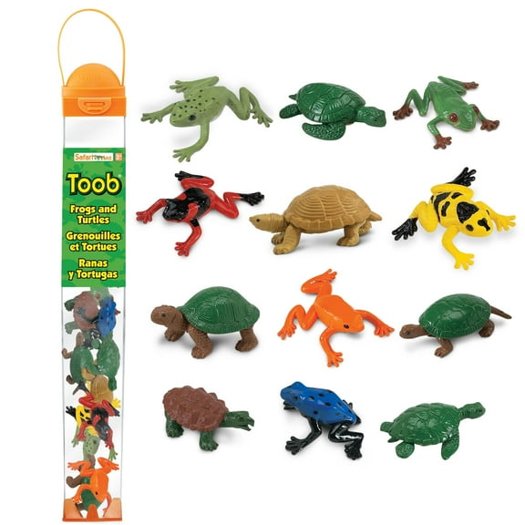 Safari Ltd. Frogs & Turtles TOOB - 12 Mini Figurines: Golden Mantella, Bull Frog, Red-Eyed & Green Tree Frog, Loggerhead, Box and Green Sea Turtle - Educational Toy For Boys, Girls & Kids Ages 3+