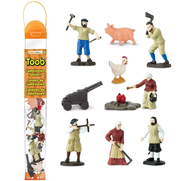 Safari Ltd. Jamestown Settlers TOOB - 10 Figurines: Sailor, Gardener, Blacksmith, Settlers, John Smith, Chicken, Pig, Cannon - Educational Toy Figures For Boys, Girls & Kids Ages 3+