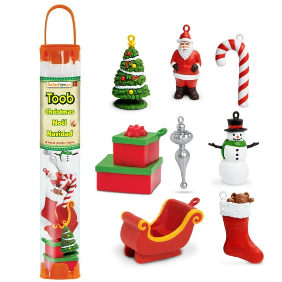 Safari Ltd. Christmas Designer TOOB - 8 Detailed Figurines: Christmas Tree, Stocking, Candy Cane, Ornament, Snowman, Sleigh, Gifts, and Santa - Educational Toy Figures For Boys, Girls & Kids Ages 3+