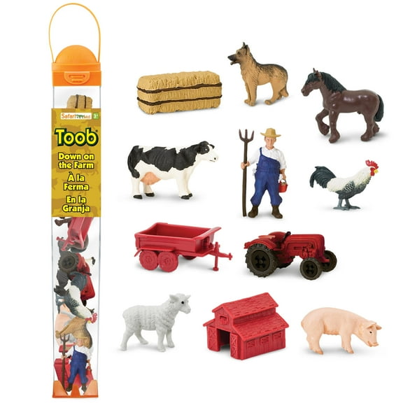 Safari Ltd. Country Farm TOOB - Figurines of Cow, Farmer, German Shepherd, Shire Horse, Rooster, Trailer, Tractor, Pig, Hay Bale, Ewe, Barn - Educational Toy Figures For Boys, Girls & Kids Ages 3+