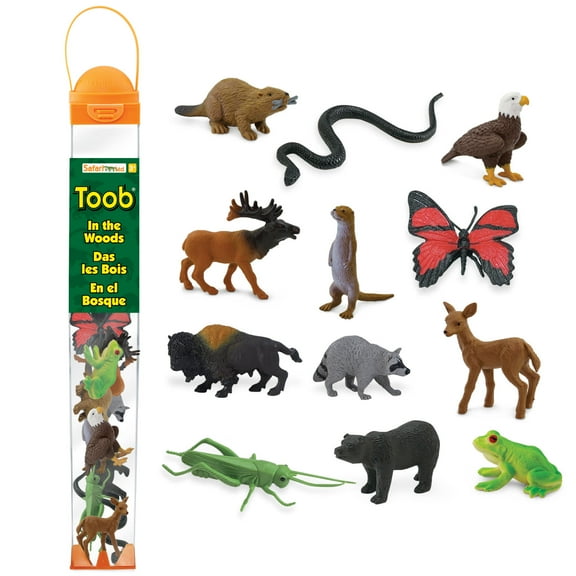Safari Ltd In The Woods TOOB - Figurines: Elk, Otter, Monarch Butterfly, Black Bear, Snake, Eagle, Beaver, Doe, Grasshopper, Frog, Raccoon, Bison - Educational Toys for Boys, Girls & Kids Ages 3+