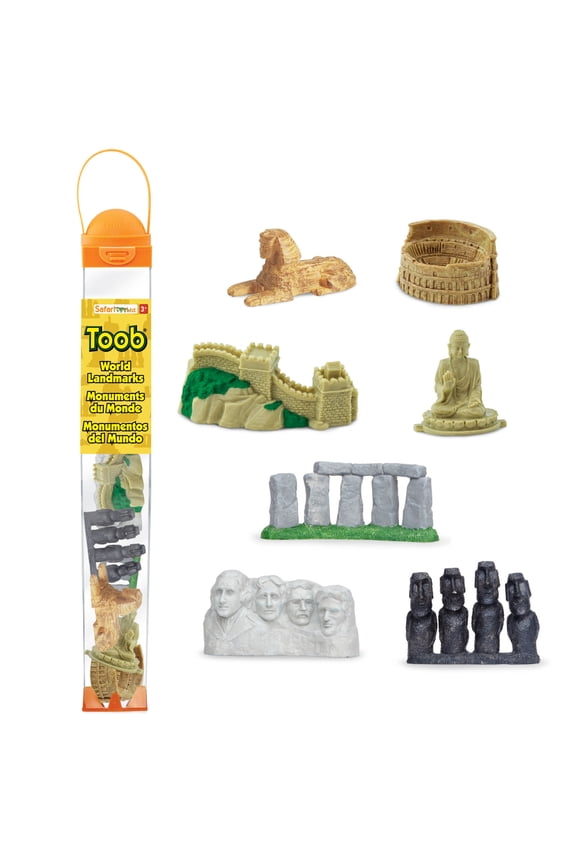 . World Landmarks TOOB - 7 Figurines: Mount Rushmore, Great Wall, Easter Island heads, Colosseum, Sphinx, Stonehenge - Educational Toy Figures For Boys, Girls & Kids Ages 3+