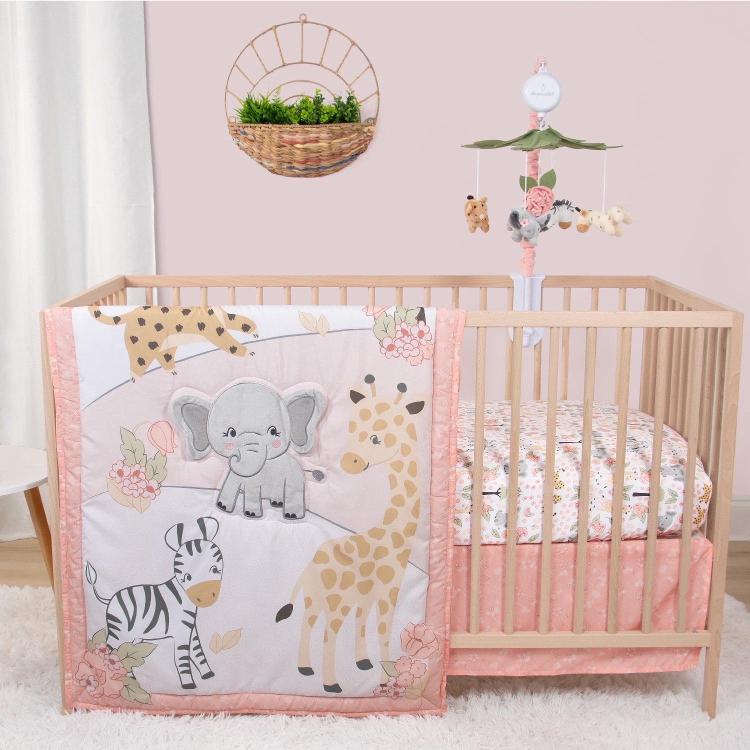 The Peanutshell Crib Bedding, Boho Rainbow Baby Crib Bedding Set & Stuffie Plush Toy, 4-Piece Set
