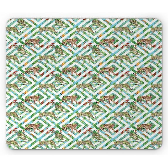 Safari Mouse Pad, Exotic Wilderness Tiger and Leopards on Geometric Boho Bird of Paradise Flourish, Rectangle Non-Slip Rubber Mousepad, Multicolor, by Ambesonne