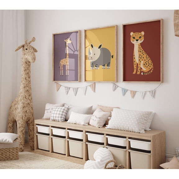 Safari Nursery Wall Art Boho Room Prints Colorful Jungle Animals Giraffe Rhino Art, Poster Only