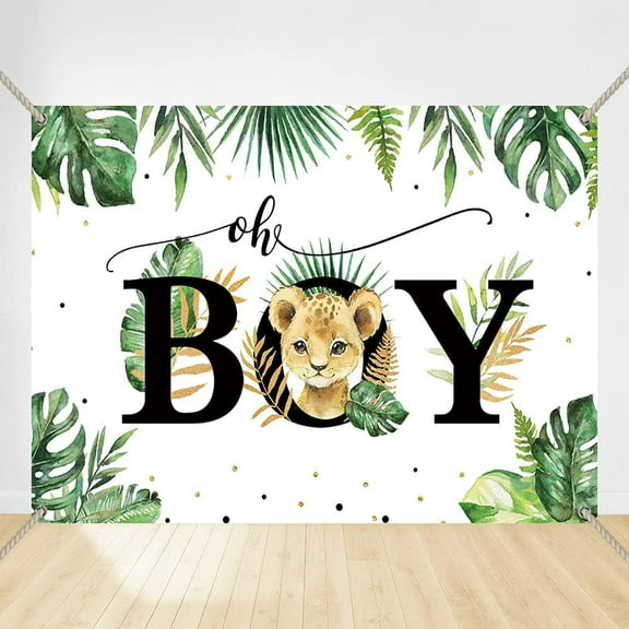 Safari Oh Boy Backdrop for Baby Shower Lion Greenery Baby Shower Party Backdrops Jungle Animals Tropical Leaves Wild Boy Background Copper Grommets Banner