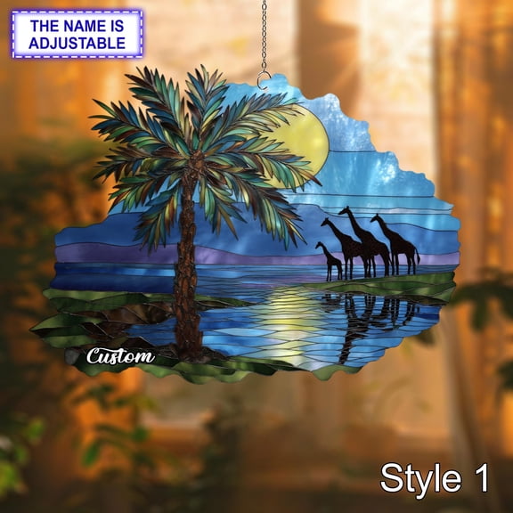 Safari Palm Tree Giraffe Landscape Nature Acrylic Suncatcher Sunset Oasis Window Hanging Home Decor Gift