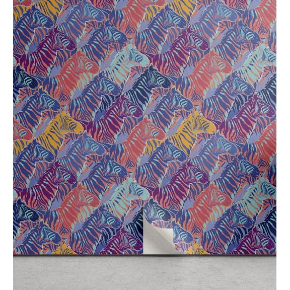 Safari Peel & Stick Wallpaper, Colorful Zebra Animals Wildlife in Rough Brush Effects Jungle Exotic Modern Art, Self-Adhesive Living Room Kitchen Accent, 3 Sizes, Multicolor, by Ambesonne