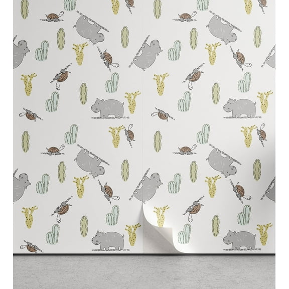 Safari Peel & Stick Wallpaper, Pencil Drawn Inspired Demonstration of Cactus Nature Characters Outdoor Cartoon, Self-Adhesive Living Room Kitchen Accent, 3 Sizes, Multicolor, by Ambesonne