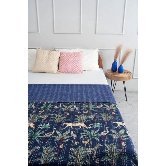 Safari Queen Kantha Quilt - Navy
