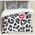 thumbnail image 1 of Safari Queen Size Duvet Cover Set, Leopard Cheetah Animal Print with Kiss Shape Lipstick Mark Dotted Trend Art, Decorative 3 Piece Bedding Set with 2 Pillow Shams, Charcoal Grey Pink, by Ambesonne, 1 of 3