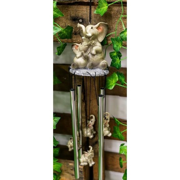 Safari Savanna Elephant Family Bonding Time Figurine Crown Top Wind Chime Decor