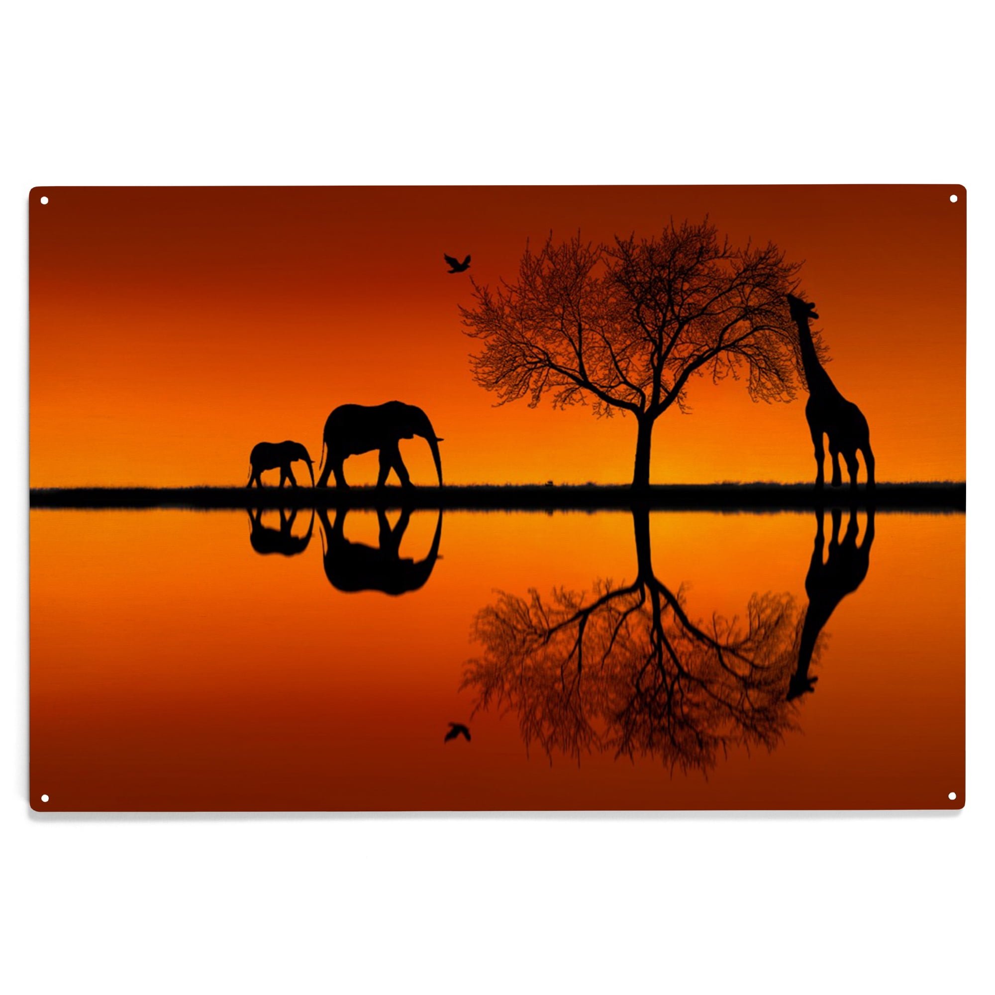 Safari Scene, Elephant and Giraffe Silhouettes at Sunset Birch Wood