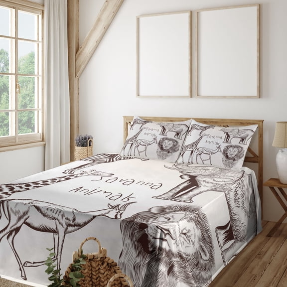Safari Sheet Set, Composition of Tropic Wild Savannah Animals Lion Giraffe Zebra Graphic, Fitted and Flat Sheet with Pillowcases Bedding Accent 4 Piece Set, Calking, Cream Brown, by Ambesonne