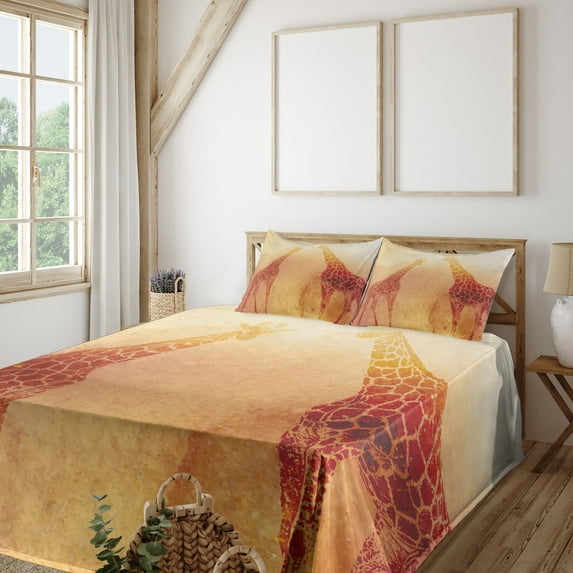 Ambesonne Orange Fitted & Top Sheet Set with Shams, Tropic Giraffes, Orange