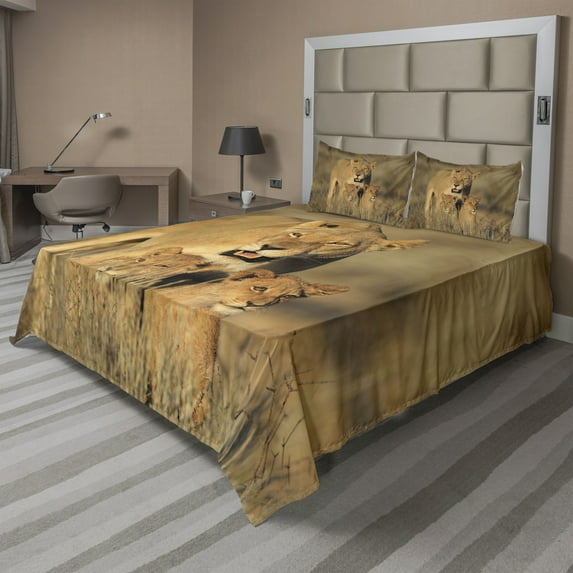 Ambesonne Africa Fitted & Top Sheet Set with Shams, Savannah Lions Wilderness, Cream