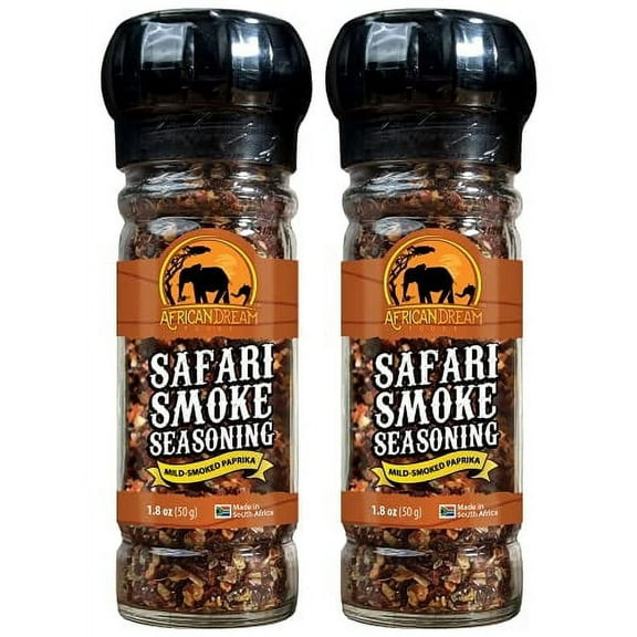 Safari Smoke Seasoning with Reusable Grinder by African Dream Foods | All-Natural Smoky Seasoning Made with Smoked Paprika Flakes, Dried Garlic, Basil, Sea-Salt | 2-Pack