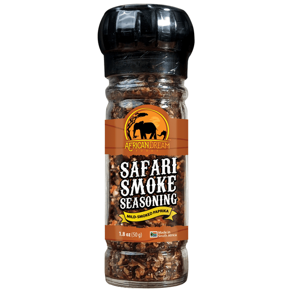 Safari Smoke Seasoning with Reusable Grinder by African Dream Foods | All-Natural Smoky Seasoning Made with Smoked Paprika Flakes, Dried Garlic, Basil, Sea-Salt