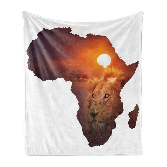 Safari Soft Flannel Fleece Blanket, African Art Wildlife Lion Sunset Continent Africa Map Double Exposure Print, Cozy Plush for Indoor and Outdoor Use, 50" x 70", Eggplant and Orange, by Ambesonne