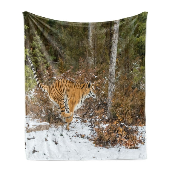 Safari Soft Flannel Fleece Blanket, Bengal Tiger in Snowy Jungle Hunting and Cruising for Prey Furry Majestic Mammal, Cozy Plush for Indoor and Outdoor Use, 60" x 80", Orange Green, by Ambesonne