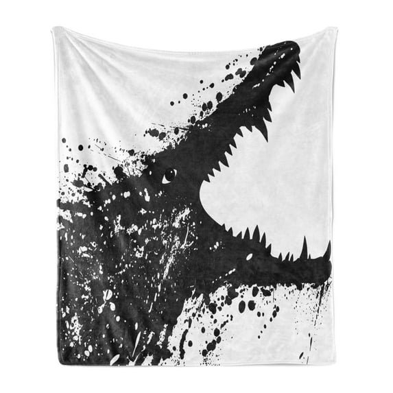 Safari Soft Flannel Fleece Blanket, Black and White Crocodile Image with Grunge Drawing Style Attacking River Warrior, Cozy Plush for Indoor and Outdoor Use, 60" x 80", Black White, by Ambesonne