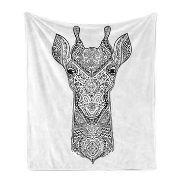 Safari Soft Flannel Fleece Blanket, Demonstration of a Giraffe Portrait in Monochrome Ethnic Style Design, Cozy Plush for Indoor and Outdoor Use, 50" x 60", Charcoal Grey and White, by Ambesonne