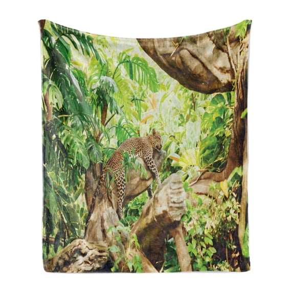 Safari Soft Flannel Fleece Blanket, Leopard on the Branch in Savannah Exotic Macro Tropical Leaf Jungle Wild Nature Art, Cozy Plush for Indoor and Outdoor Use, 50" x 60", Brown Green, by Ambesonne