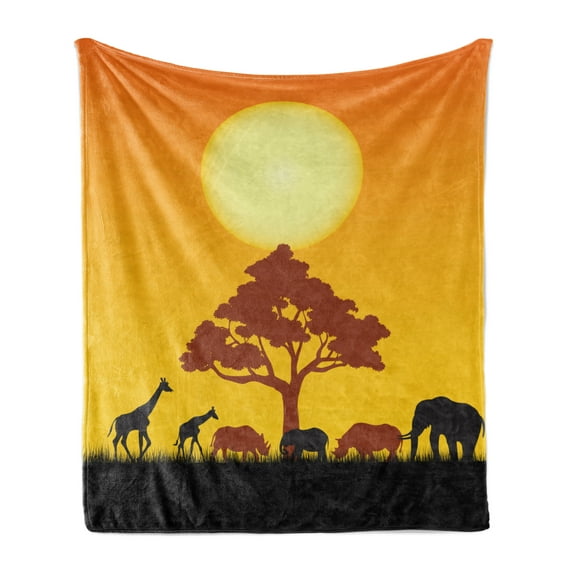 Safari Soft Flannel Fleece Blanket, Silhouette of Elephants Zebras Grassland and a Tree the Sun Nature, Cozy Plush for Indoor and Outdoor Use, 60" x 80", Chocolate Orange and Black, by Ambesonne