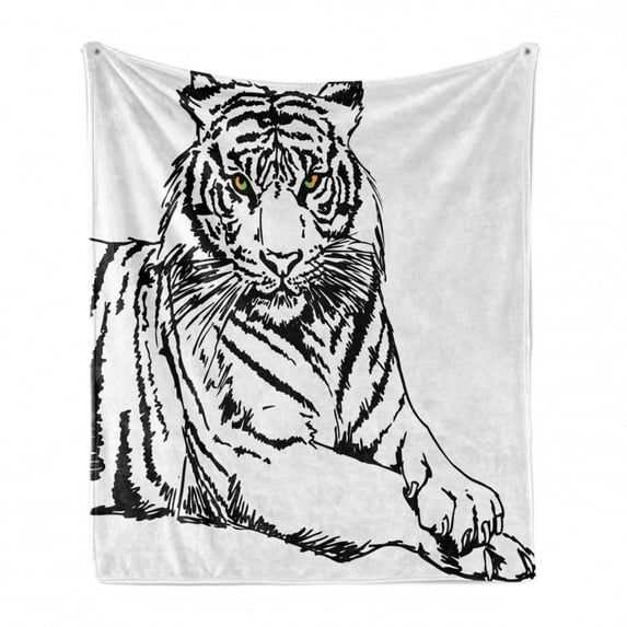 Safari Soft Flannel Fleece Blanket, Sketch of a Posing Tiger Sharp Eyes Largest Cat Species Dark Vertical Stripes Art, Cozy Plush for Indoor and Outdoor Use, 50" x 70", Black White, by Ambesonne
