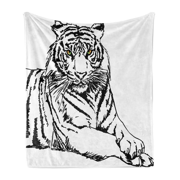 Safari Soft Flannel Fleece Blanket, Sketch of a Posing Tiger Sharp Eyes Largest Cat Species Dark Vertical Stripes Art, Cozy Plush for Indoor and Outdoor Use, 60" x 80", Black White, by Ambesonne