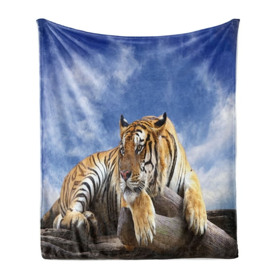 Safari Soft Flannel Fleece Blanket, Tiger Sitting on Wood Clear Blue Sky Wildlife Morning Stripes Predator Print, Cozy Plush for Indoor and Outdoor Use, 60" x 80", Blue Mustard Black, by Ambesonne
