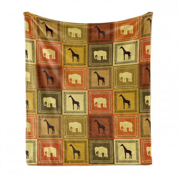 Safari Soft Flannel Fleece Throw Blanket, Animals Pattern Silhouette Exotic Fauna Frame Vintage Illustration, Cozy Plush for Indoor and Outdoor Use, 60" x 80", Brown and Black, by Ambesonne