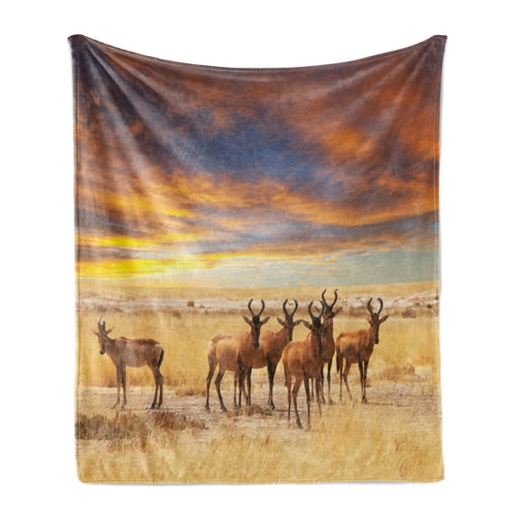 Safari Soft Flannel Fleece Throw Blanket, Antelope Crowd on Grassland at Sunset Tropic Exotic Savannahs Animals, Cozy Plush for Indoor and Outdoor Use, 50" x 70", Yellow Red Brown, by Ambesonne