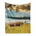thumbnail image 1 of Safari Soft Flannel Fleece Throw Blanket, Big Savannah Family with Dark Cloudy Dramatical Sky Grassland, Cozy Plush for Indoor and Outdoor Use, 50" x 60", Grey Yellow Blue, by Ambesonne, 1 of 6